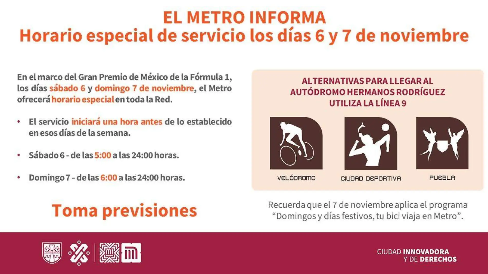 Red del Metro anuncia horario de 6 y 7 de noviembre, por Fórmula 1 